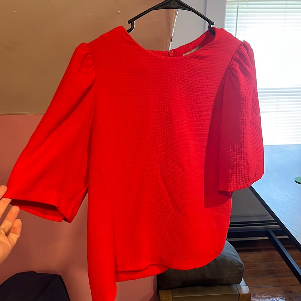 textured puff sleeve red blouse